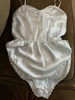 Satin Scalloped-Edge White Chemise Romper